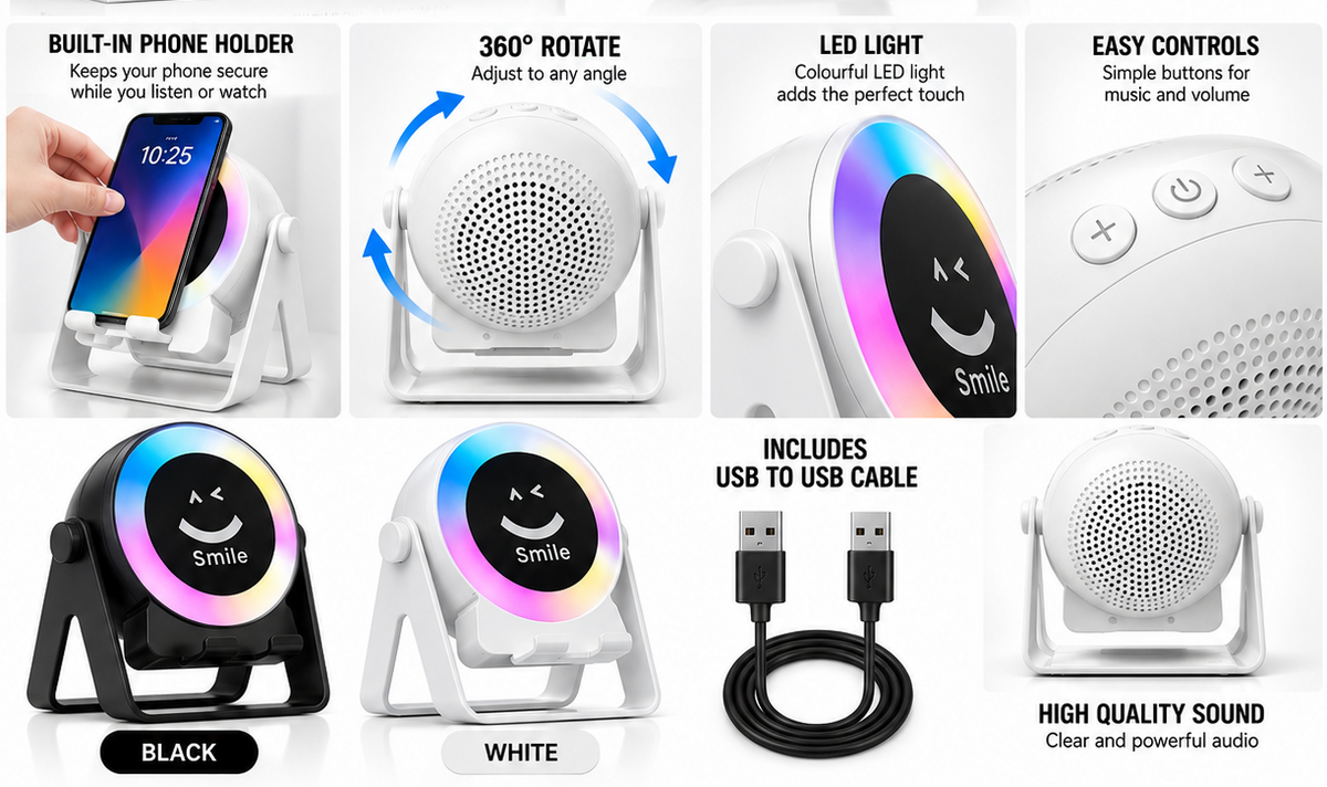 Wireless Speaker Bracket with Phone Holder & LED Light – White or Black