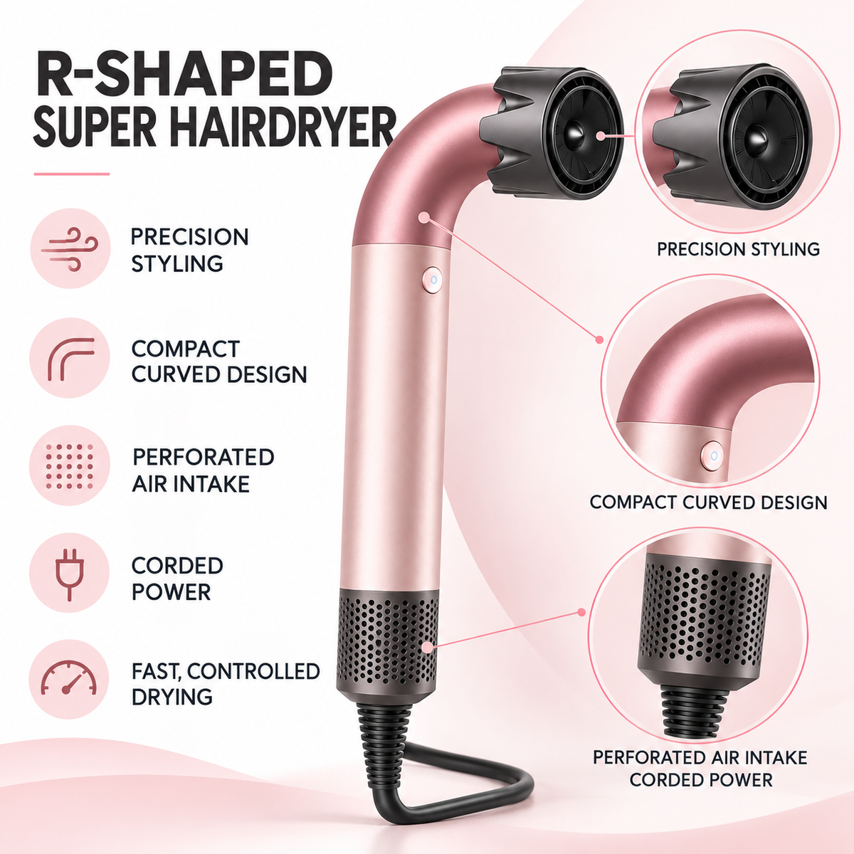R-Shaped Super Hairdryer – 110,000 RPM High-Speed Brushless Motor