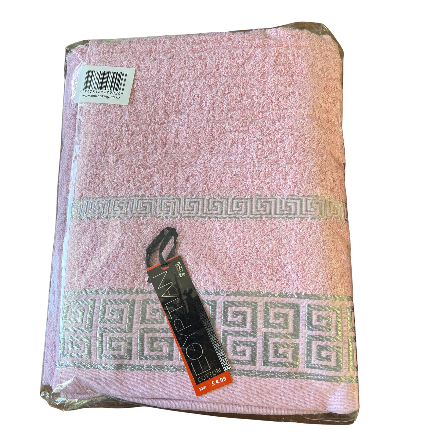Pink towel with a brand tag on a white background