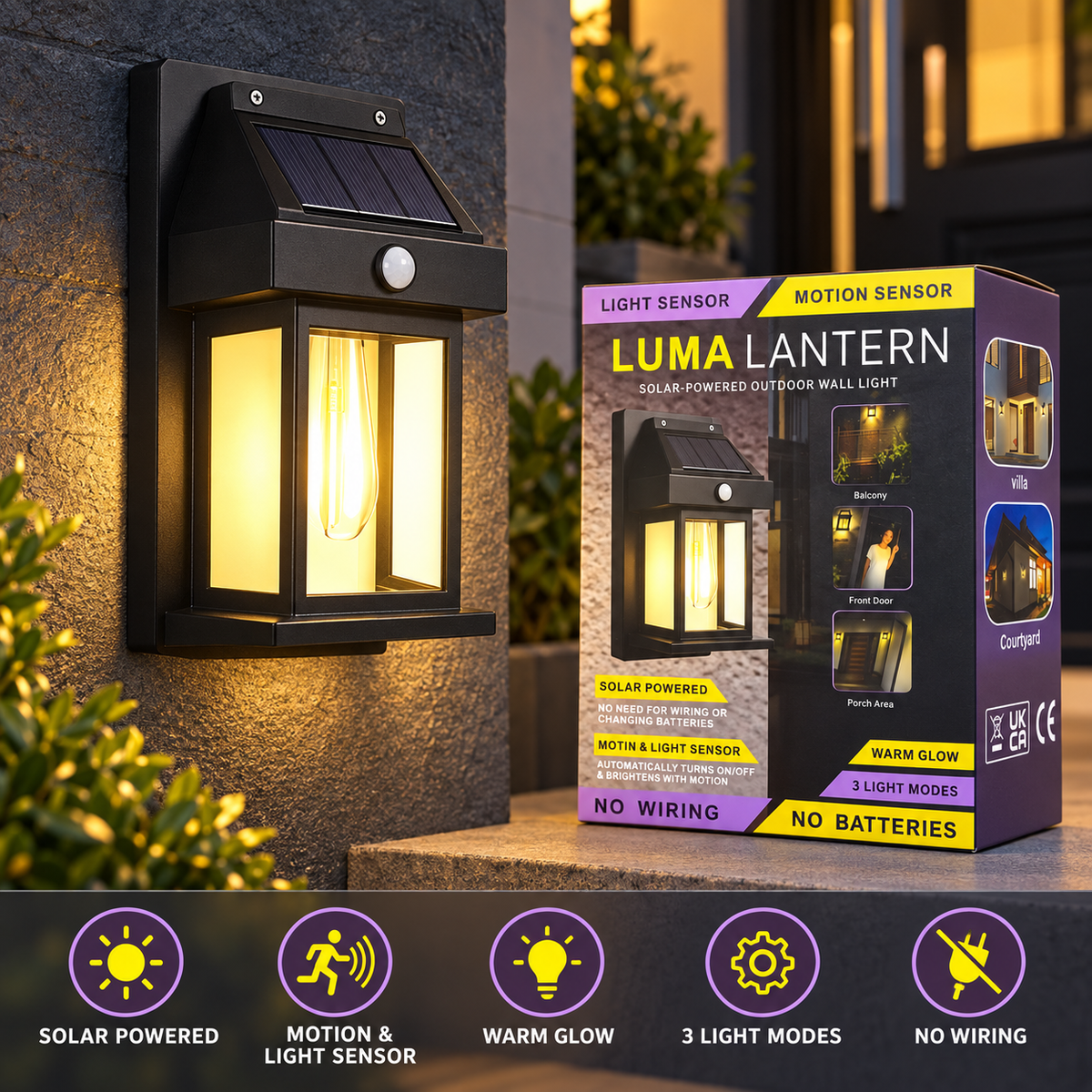Luma Lantern Solar-Powered Outdoor Wall Light – Motion & Light Sensor