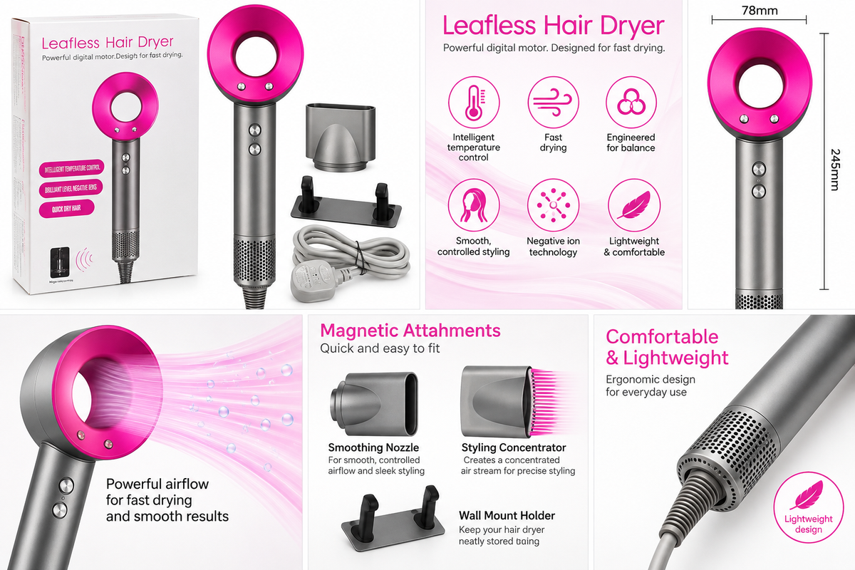 Leafless Hair Dryer – Fast Drying & Styling with Attachments