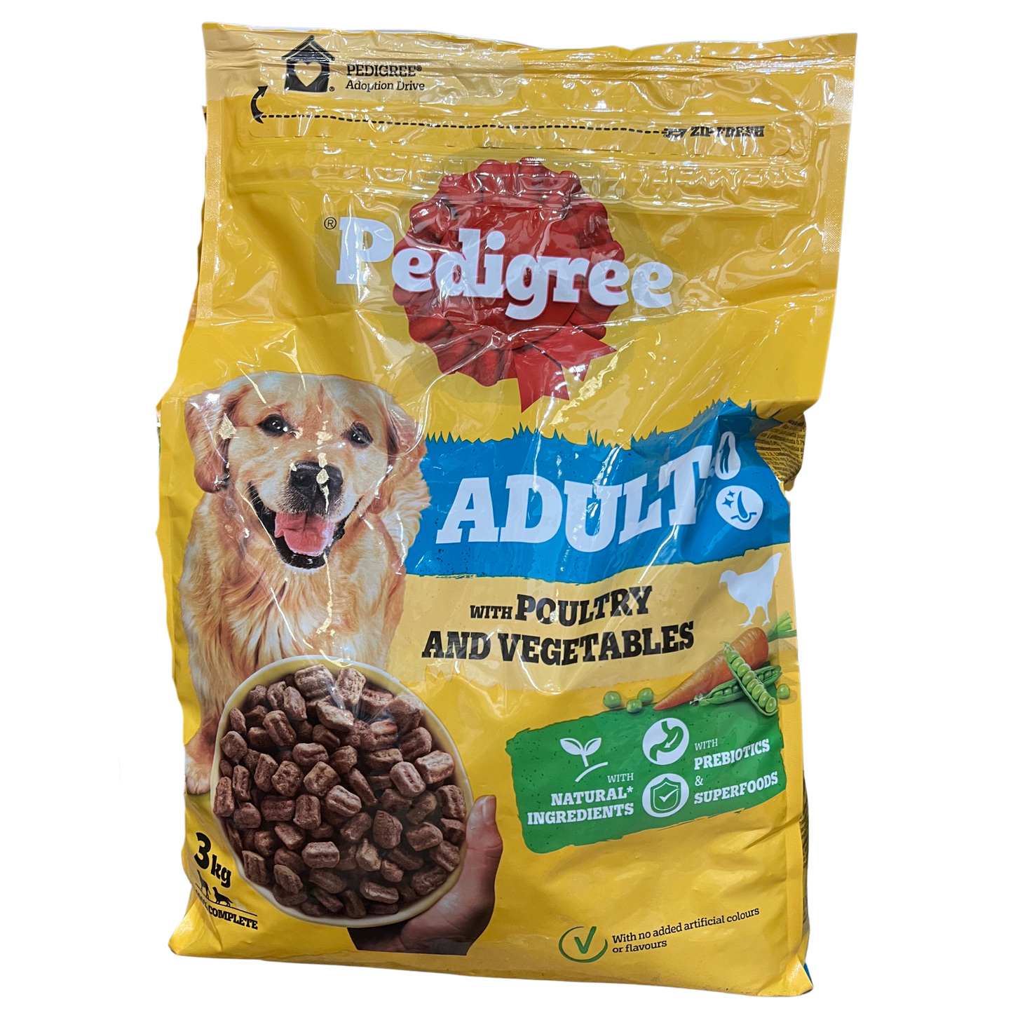 Pedigree adult dog food package with a yellow background