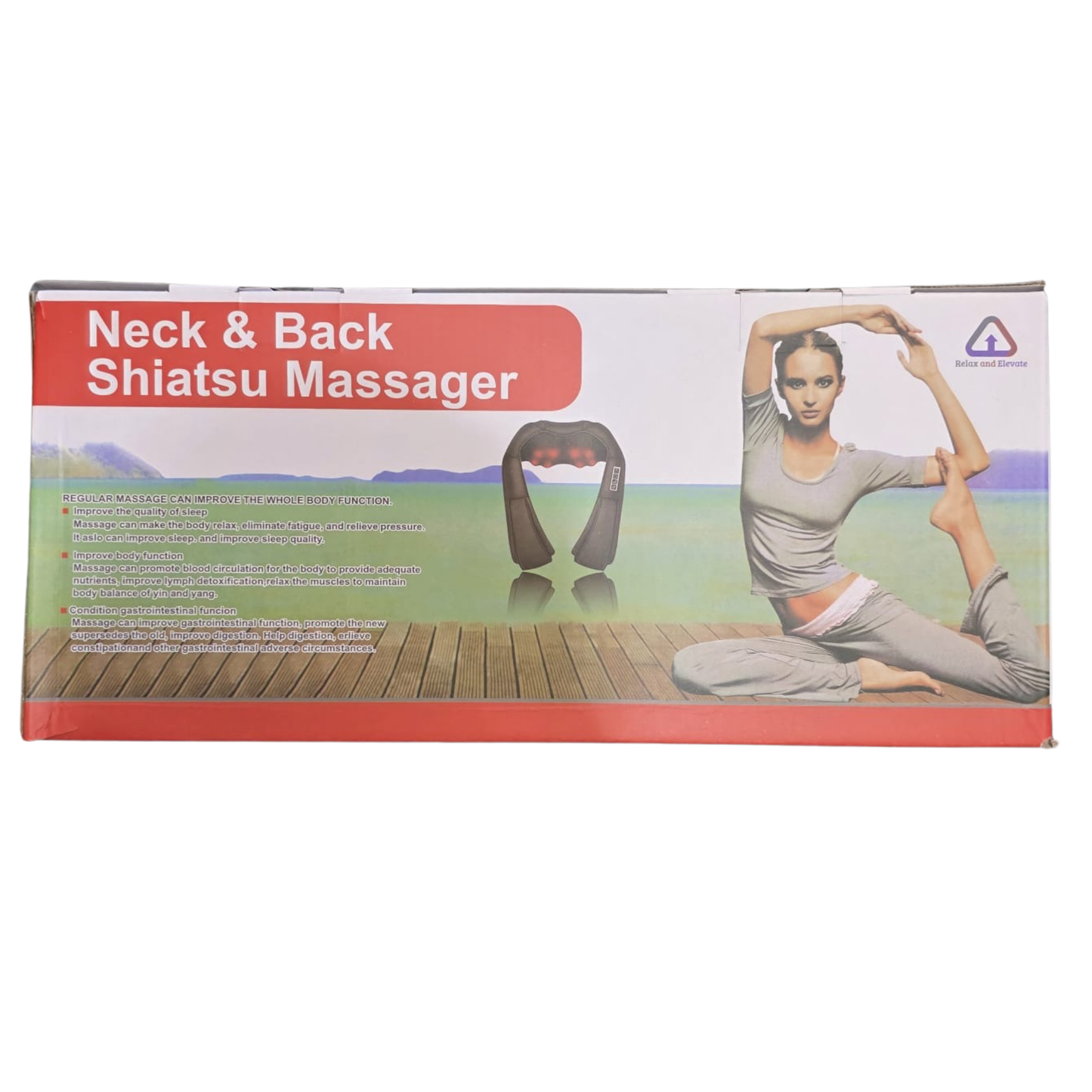 Box for a neck and back shiatsu massager with a person using the product on a grassy background.