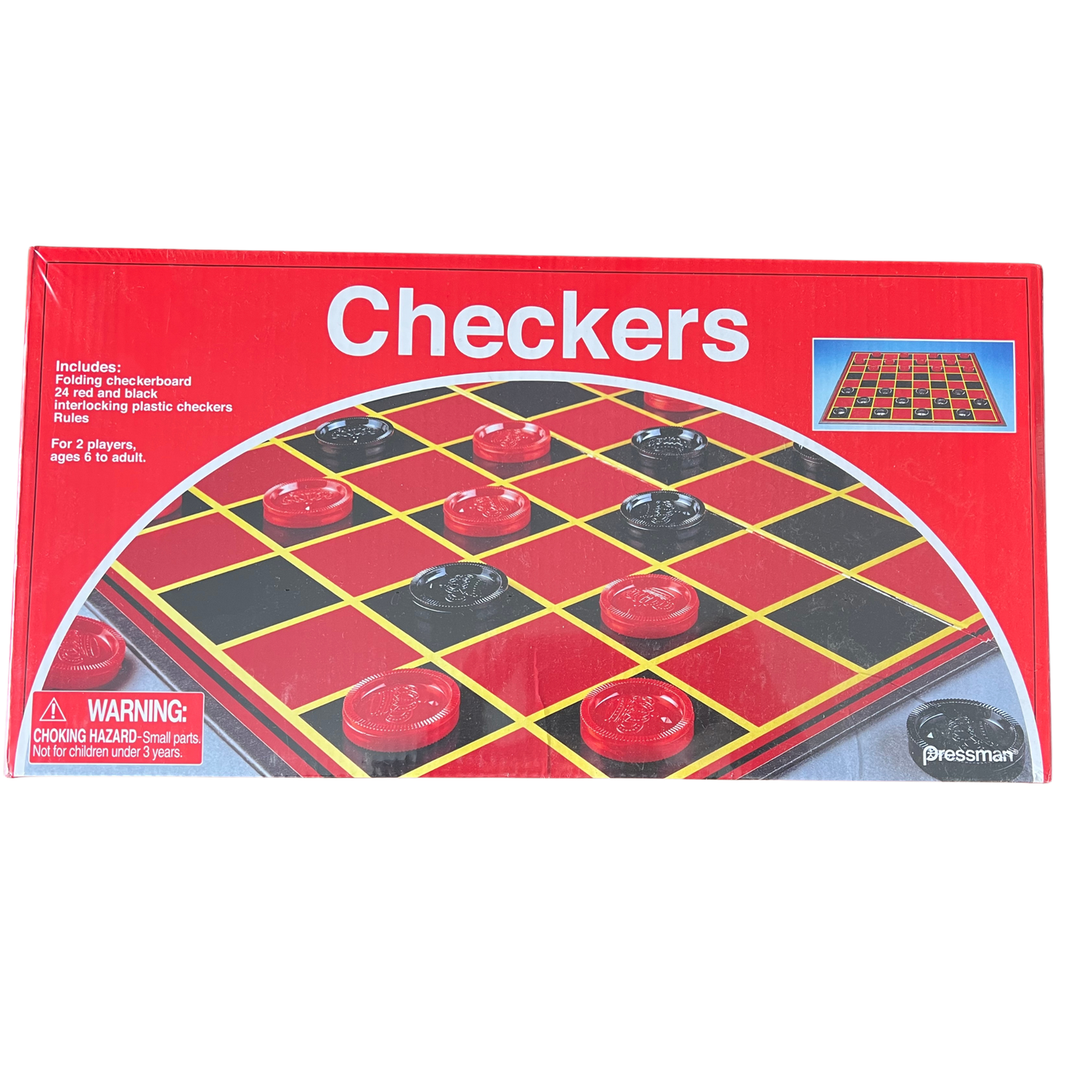 Checkers game box with red and black checkered board design on a white background