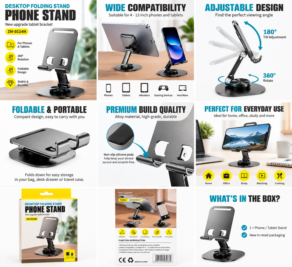 Adjustable Folding Phone & Tablet Stand – 360° Rotating Desktop Holder – ZM-0114H
