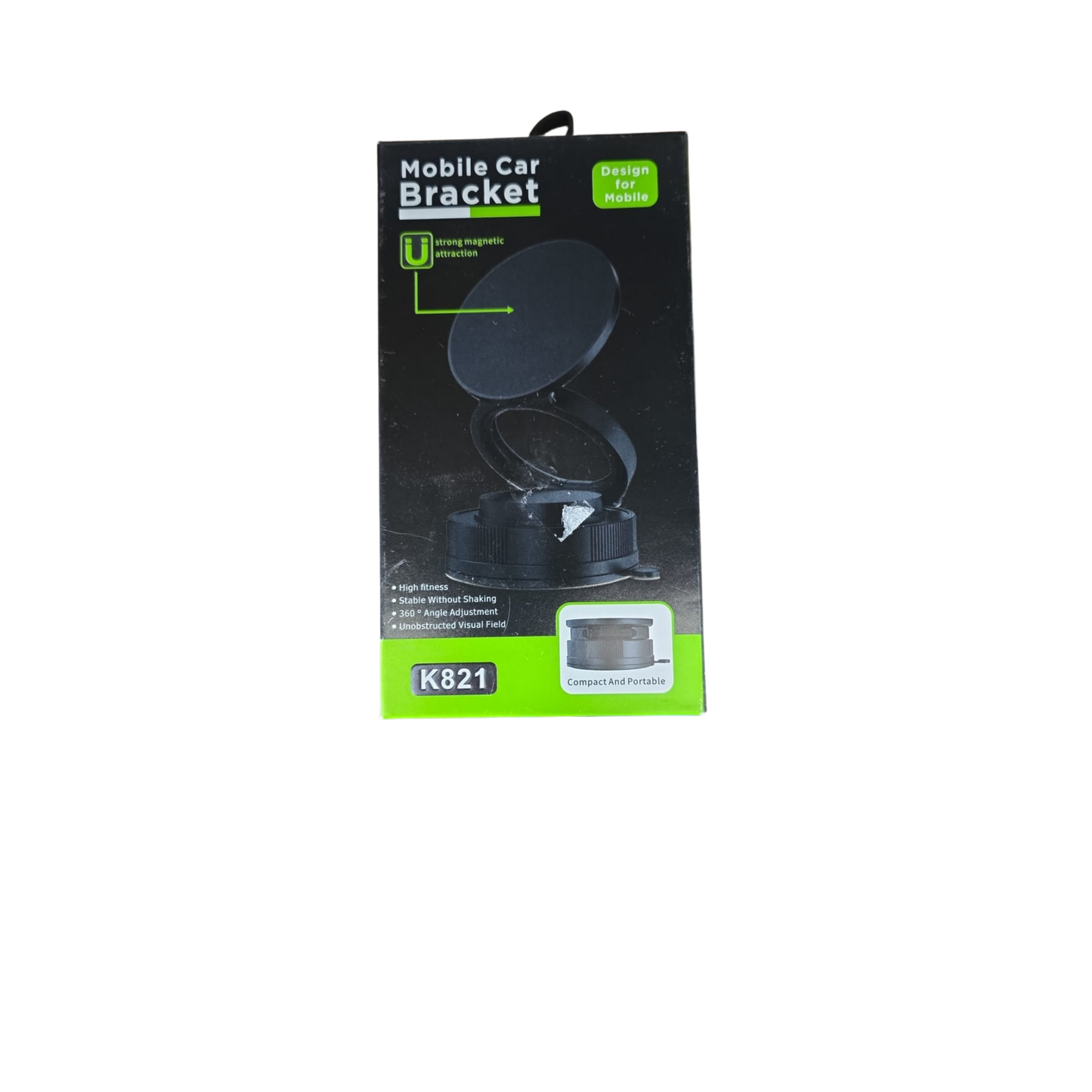 Packaging of a mobile car bracket with black bracket illustration on a white background