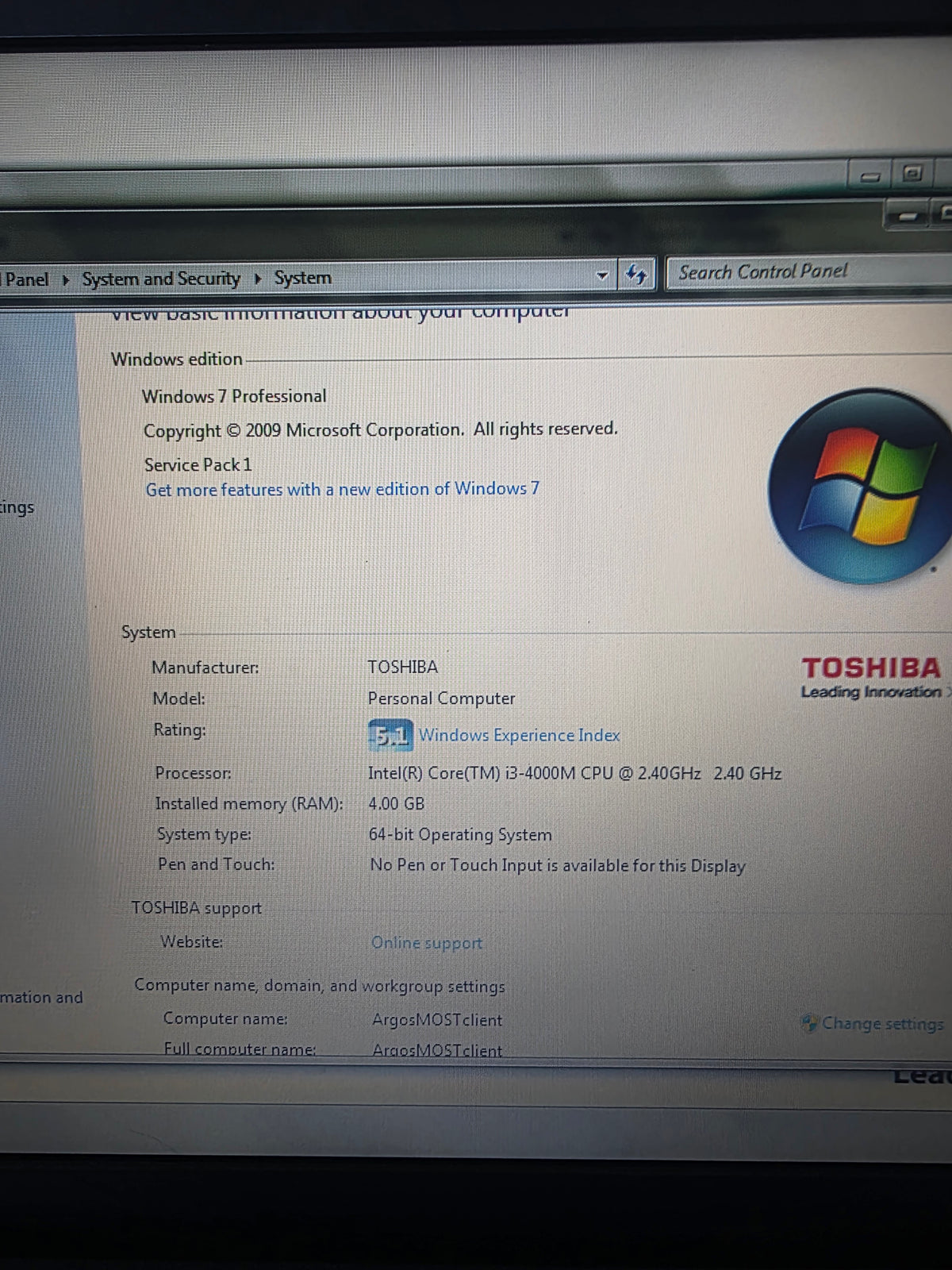 Toshiba Satellite Pro Intel Core i3 4GB RAM 500GB hard drive