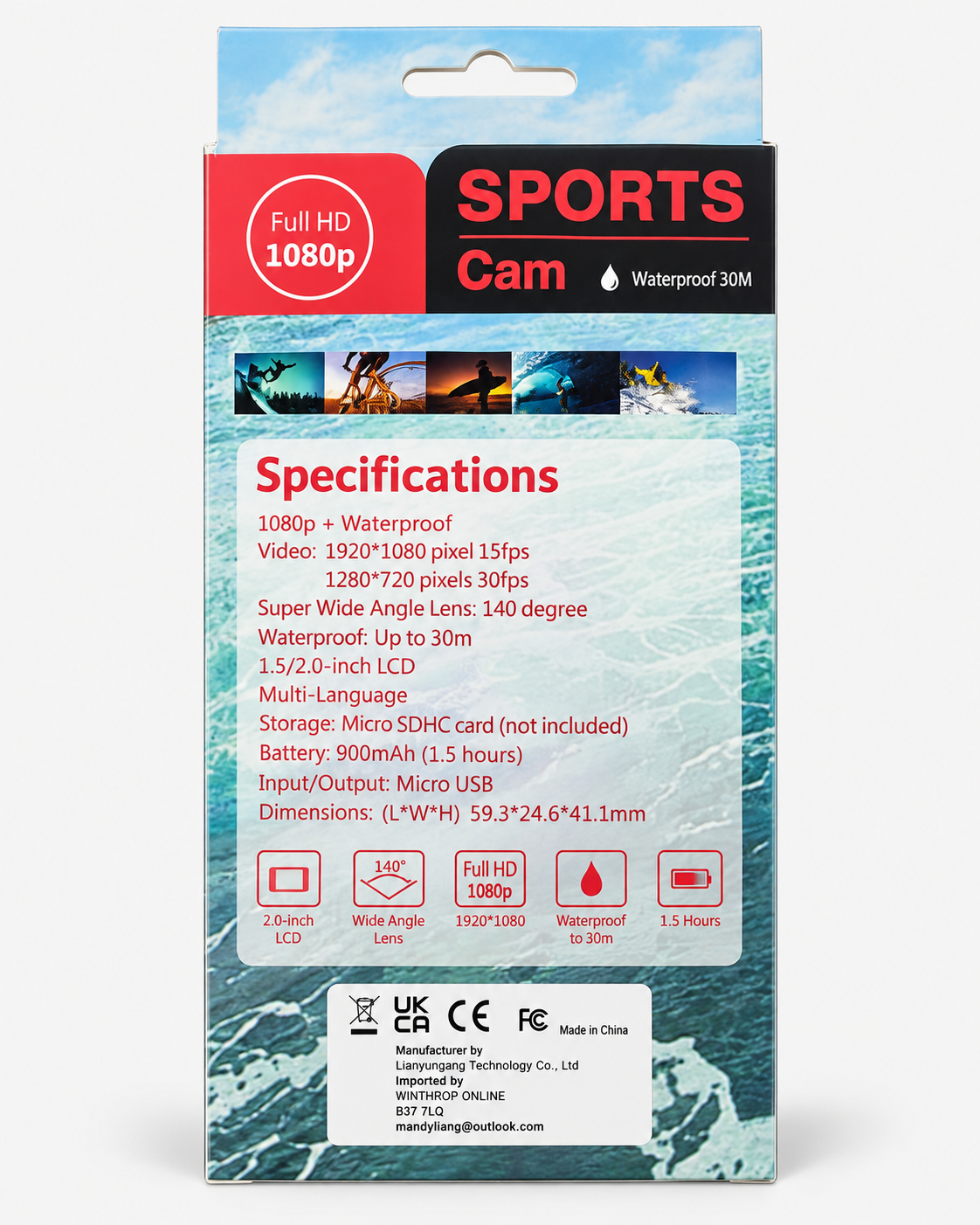 Full HD 1080p Sports Action Camera with 30M Waterproof Housing