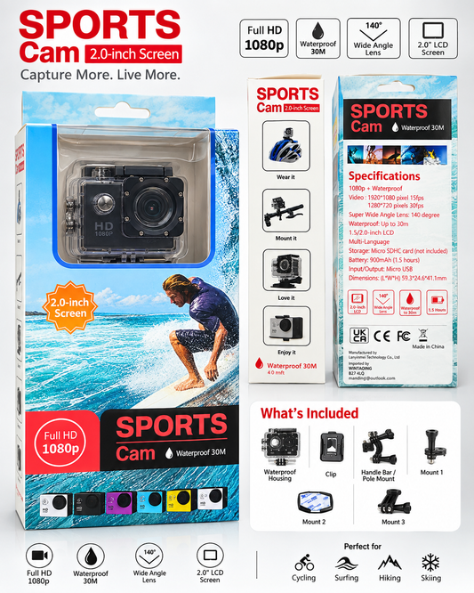 Full HD 1080p Sports Action Camera with 30M Waterproof Housing