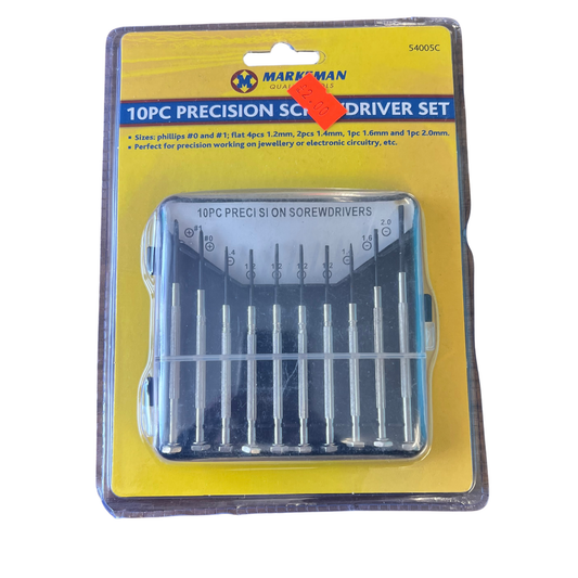 10-piece precision screwdriver set in packaging with Markhan branding.