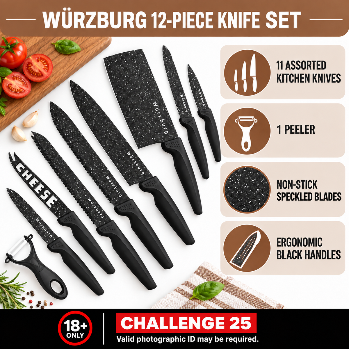 Würzburg 12-Piece Black Speckled Kitchen Knife Set with Peeler – 18+