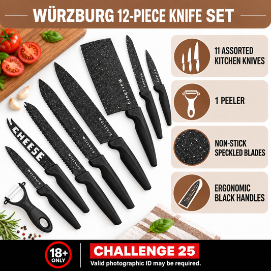 Würzburg 12-Piece Black Speckled Kitchen Knife Set with Peeler – 18+