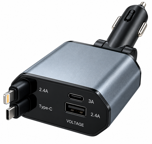 4-in-1 120W Car Charger with Retractable Cables – USB-C & Lightning Compatible