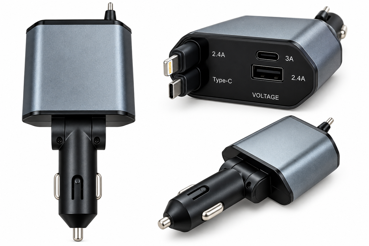 4-in-1 120W Car Charger with Retractable Cables – USB-C & Lightning Compatible