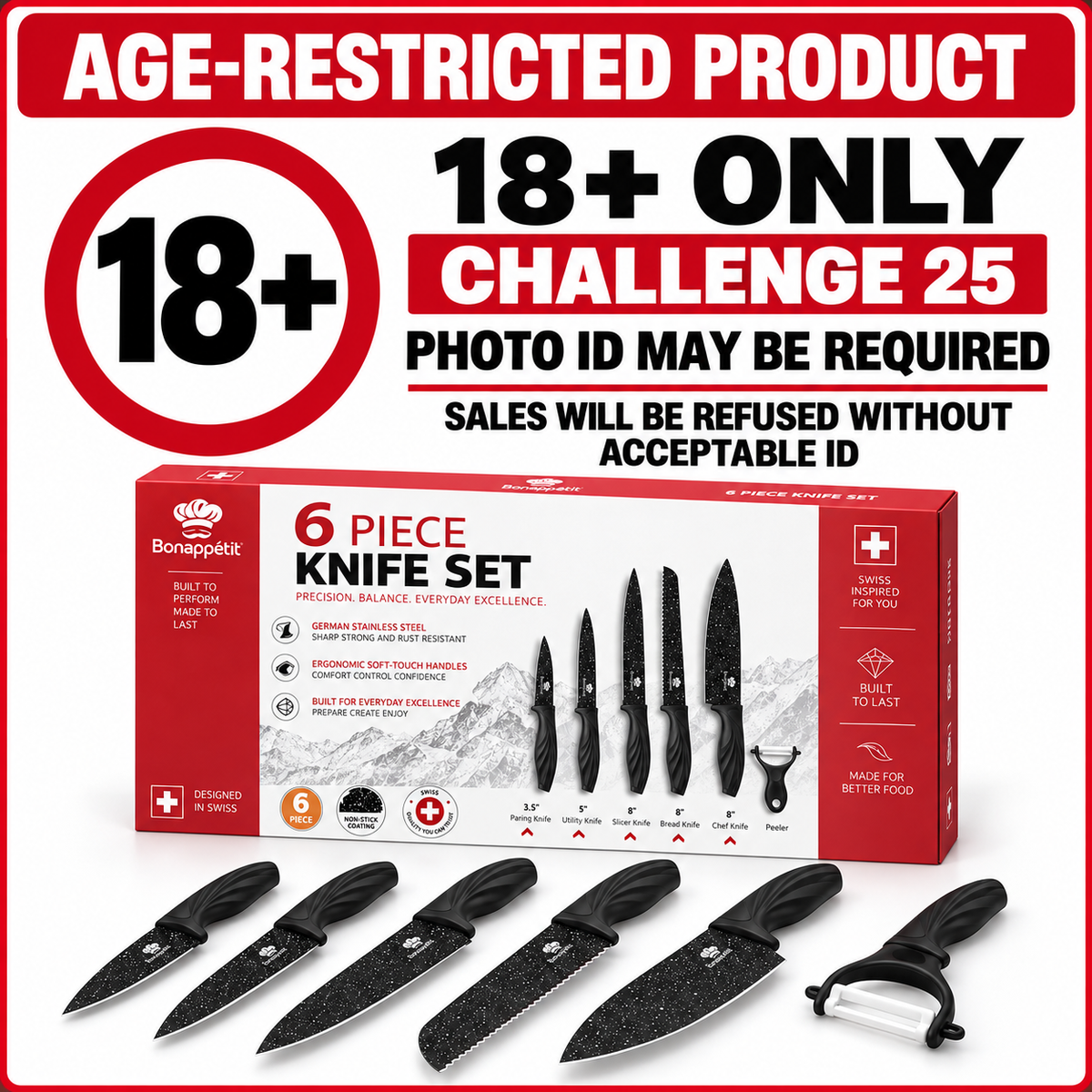 Bonappétit 6-Piece Black Non-Stick Kitchen Knife Set &amp; Peeler – 18+