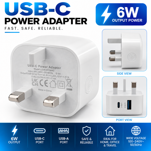 USB-C & USB-A UK Power Adapter – Dual Port Wall Charger