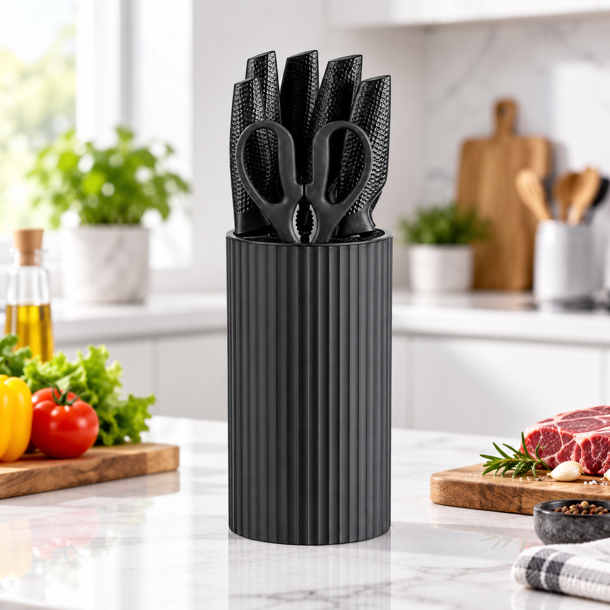 RAINBEAN KK252 15-Piece Kitchen Knife Set with Block & Built-In Sharpener