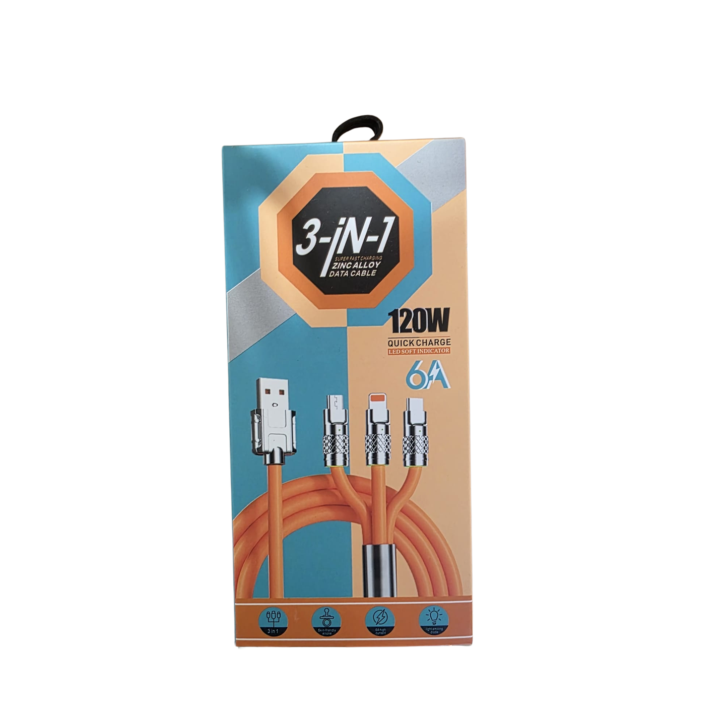 3-in-1 cable packaging with USB connector and multiple device adapters on a white background
