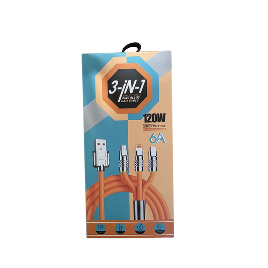 3-in-1 cable packaging with USB connector and multiple device adapters on a white background