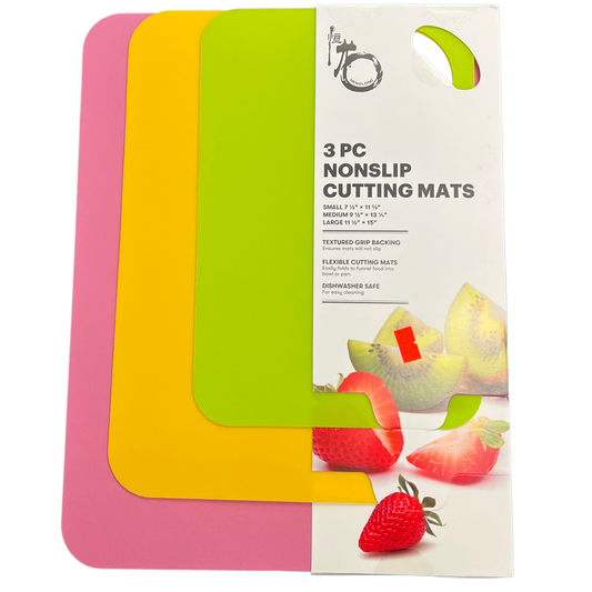 3-piece non-slip cutting mat set with colorful mats and packaging on a white background