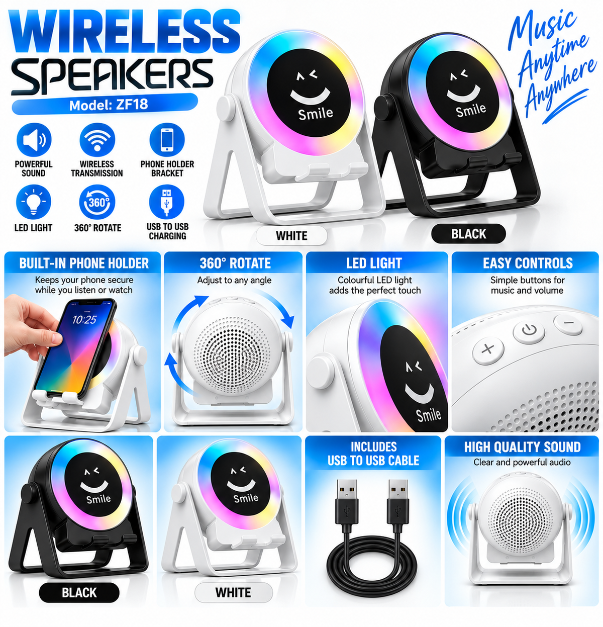 Wireless Speaker Bracket with Phone Holder &amp; LED Light – White or Black