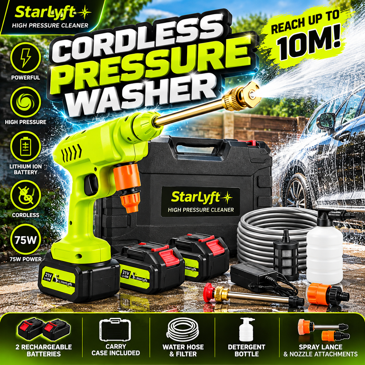 Cordless High Pressure Washer – 21V | 2 Batteries | Complete Kit