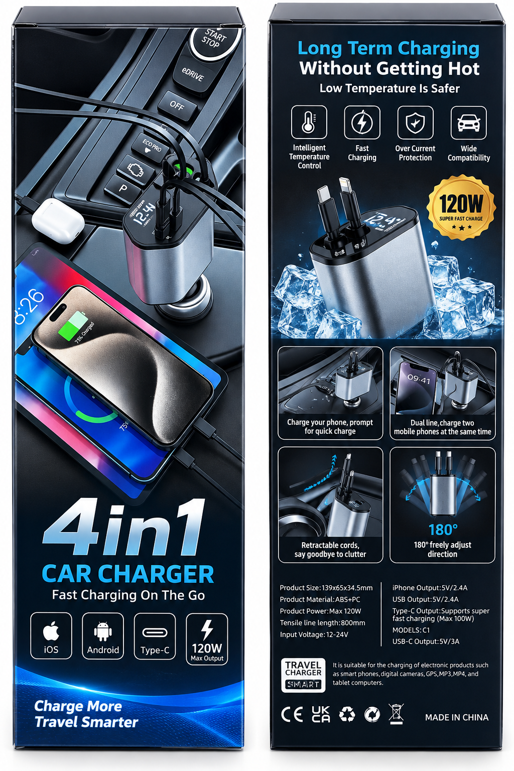 4-in-1 120W Car Charger with Retractable Cables – USB-C & Lightning Compatible