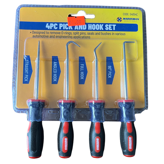 Set of four pick and hook tools in packaging with 'Marksman' branding.