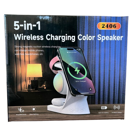 Box for a 5-in-1 wireless charging color speaker with a phone on a stand.