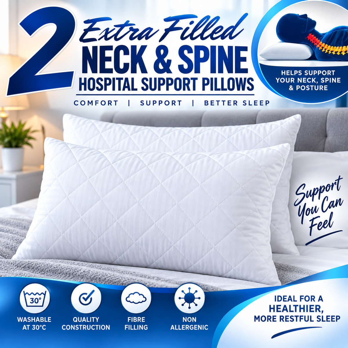Extra Filled Neck &amp; Spine Hospital Support Pillows – Pack of 2