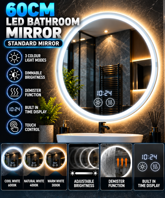 60cm LED Round Smart Bathroom Mirror – Demister, 3 Colour Lighting & Digital Time Display