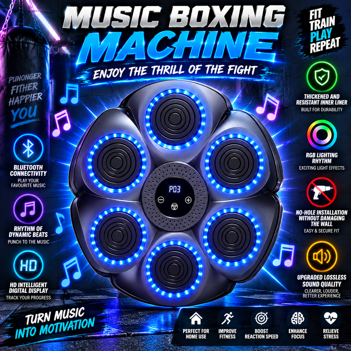 MUSIC BOXING MACHINE – BLUETOOTH, RGB LIGHTING &amp; DIGITAL DISPLAY