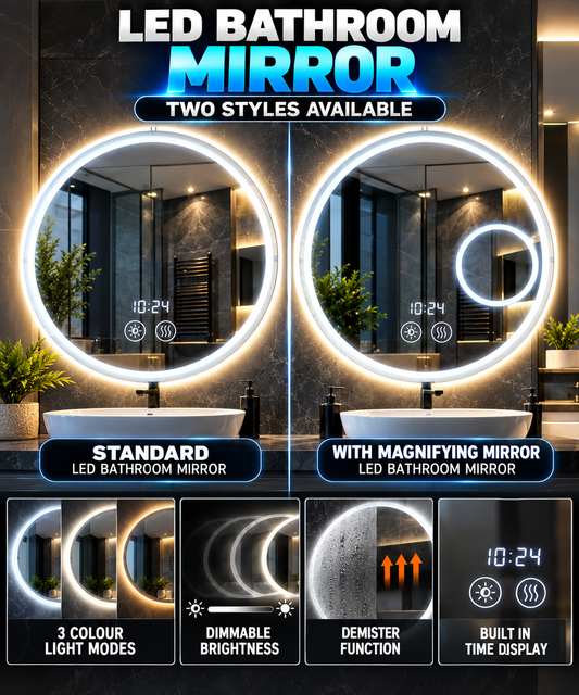 70cm LED Round Smart Bathroom Mirror – Two Styles Available