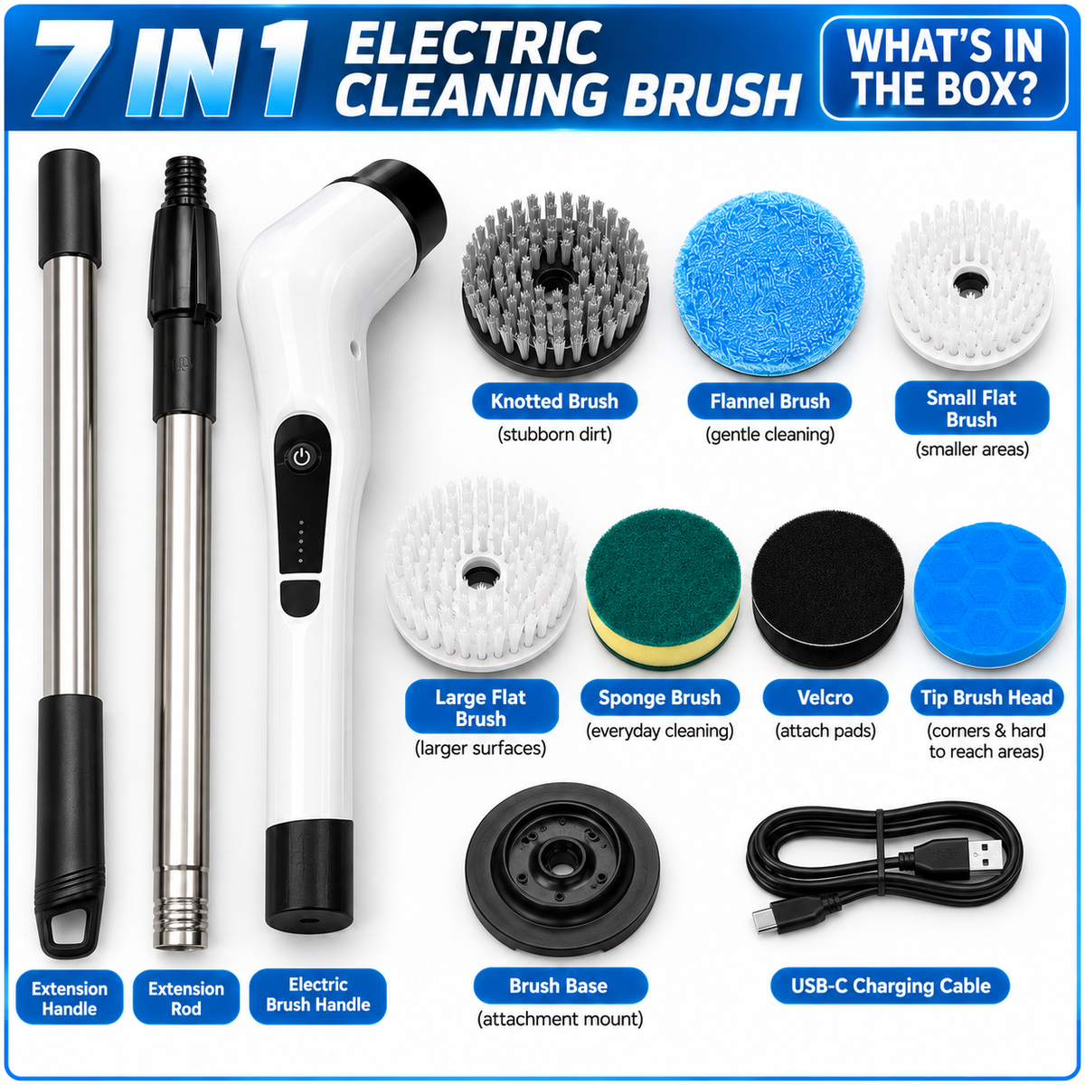 7-in-1 Electric Cleaning Brush – Rechargeable Multi-Surface Scrubber