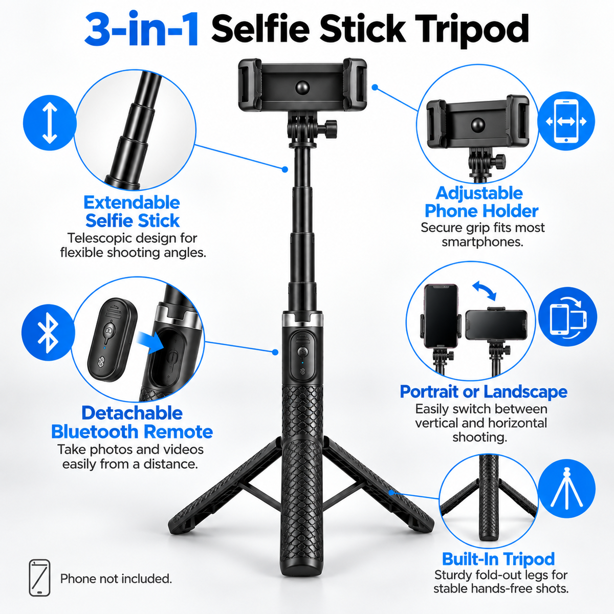 3-in-1 Extendable Selfie Stick Tripod with Bluetooth Remote – Black
