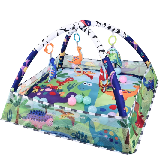 Children's play gym with dinosaur-themed design on a white background