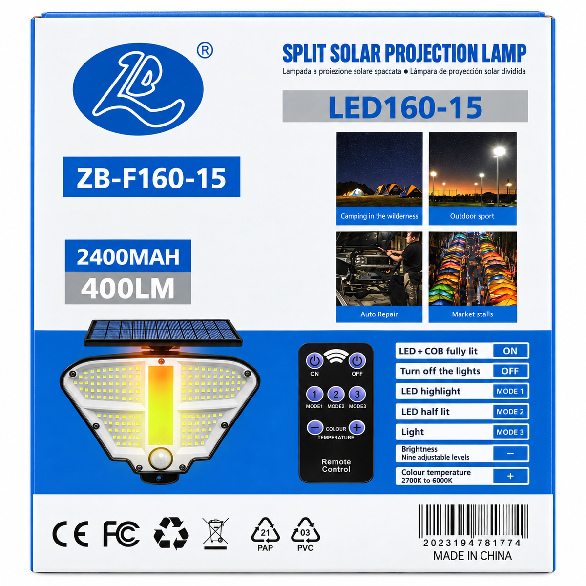 ZB-F160-15 Solar LED Security Light with PIR Sensor &amp; Remote Control