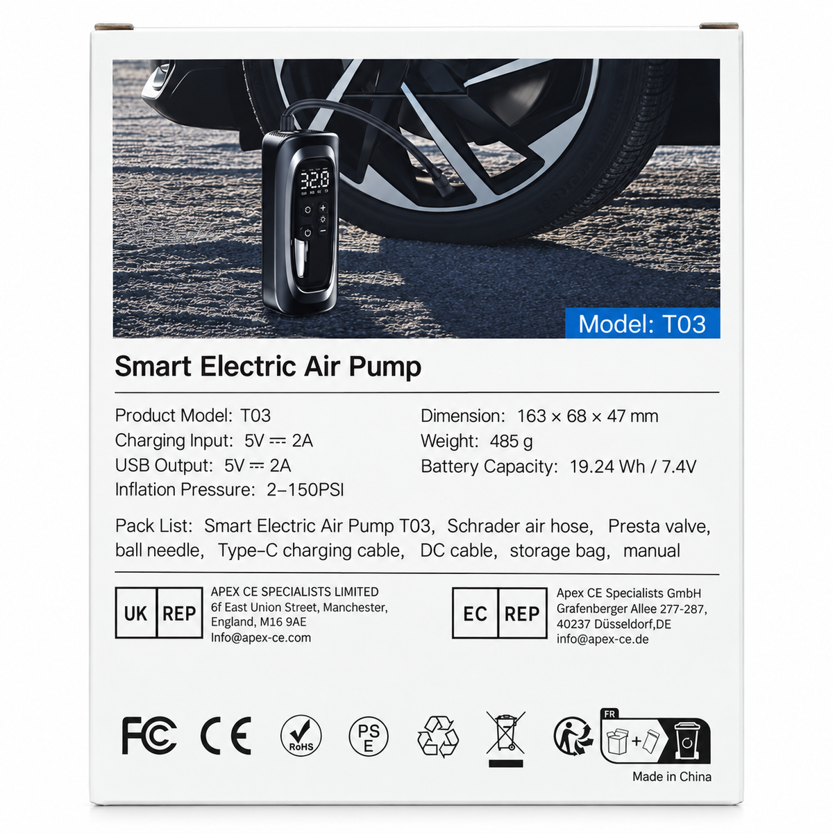 EleSong T03 Smart Electric Air Pump – Digital Cordless Tyre Inflator