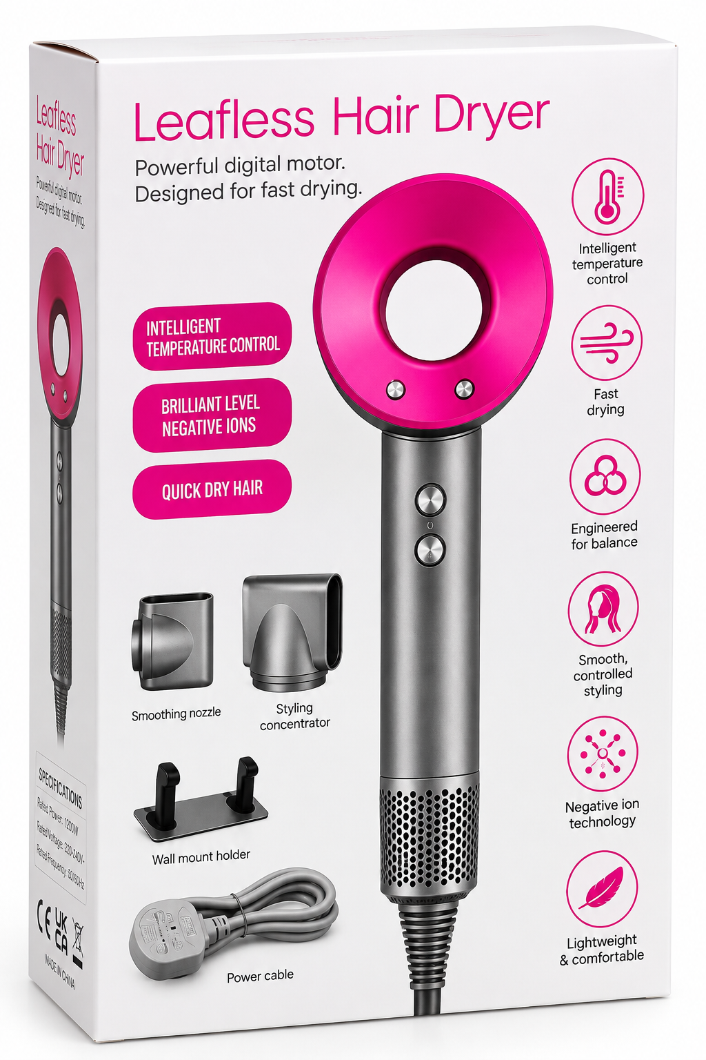 Leafless Hair Dryer – Fast Drying & Styling with Attachments