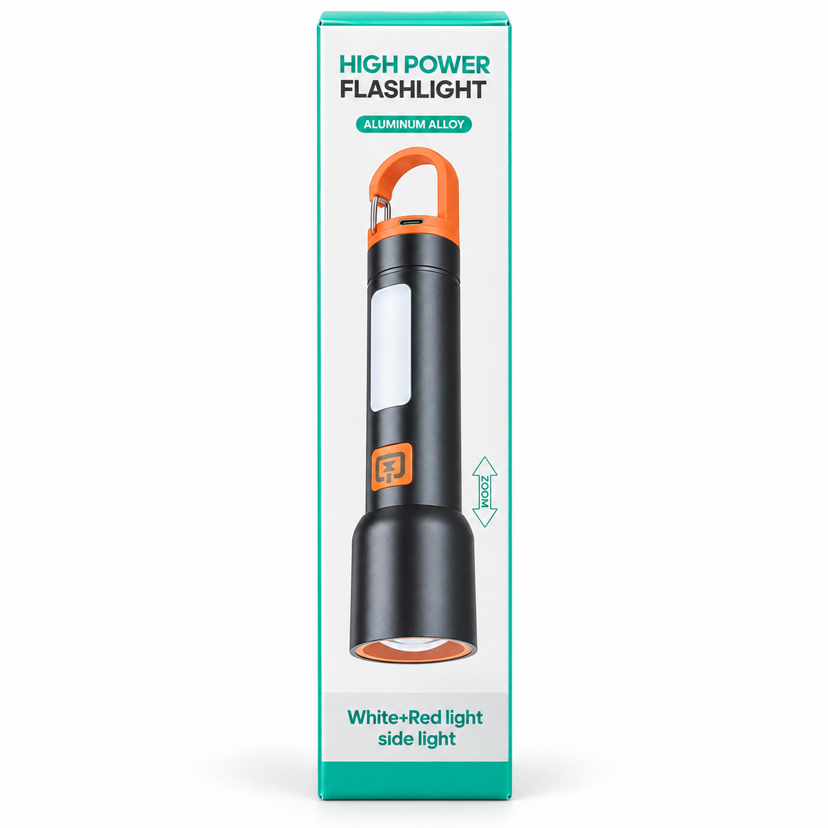 High-Power USB-C Rechargeable Torch with Hook, Zoom and Side Light