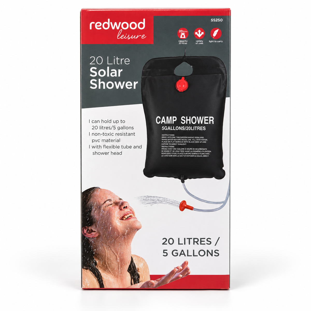 Redwood Leisure 20 Litre Solar Camping Shower – Portable 5 Gallon Water Bag