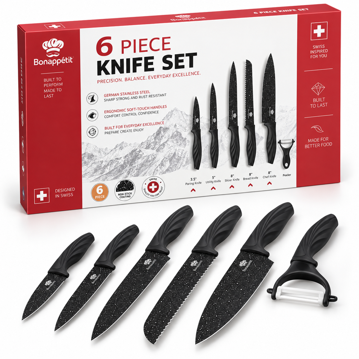 Bonappétit 6-Piece Black Non-Stick Kitchen Knife Set &amp; Peeler – 18+