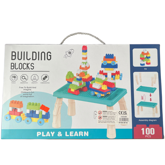 Building blocks set with a table and colorful blocks on a white background