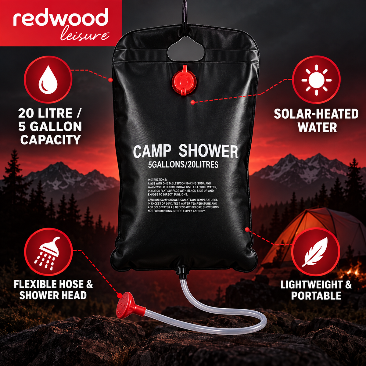 Redwood Leisure 20 Litre Solar Camping Shower – Portable 5 Gallon Water Bag