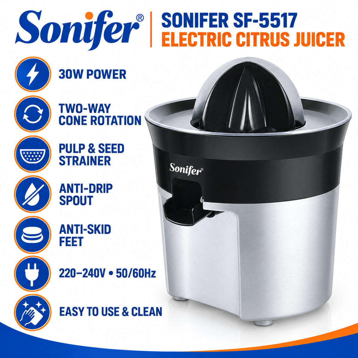 Sonifer SF-5517 Electric Citrus Juicer – 30W Two-Way Rotation