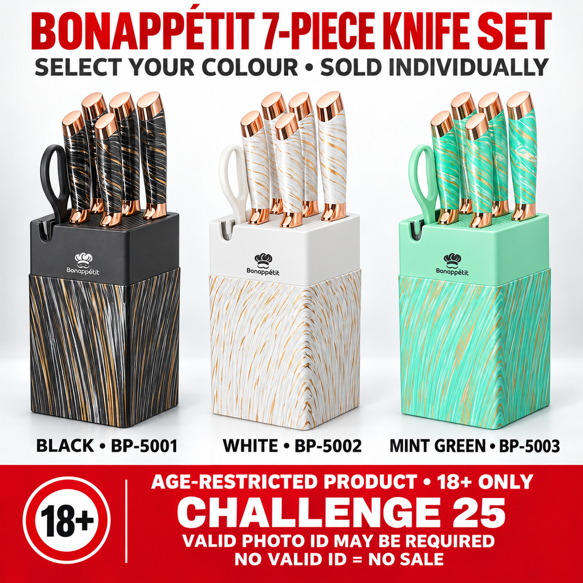 Bonappétit 7-Piece Stainless-Steel Knife Set with Storage Block & Sharpener – Choice of Colour – 18+