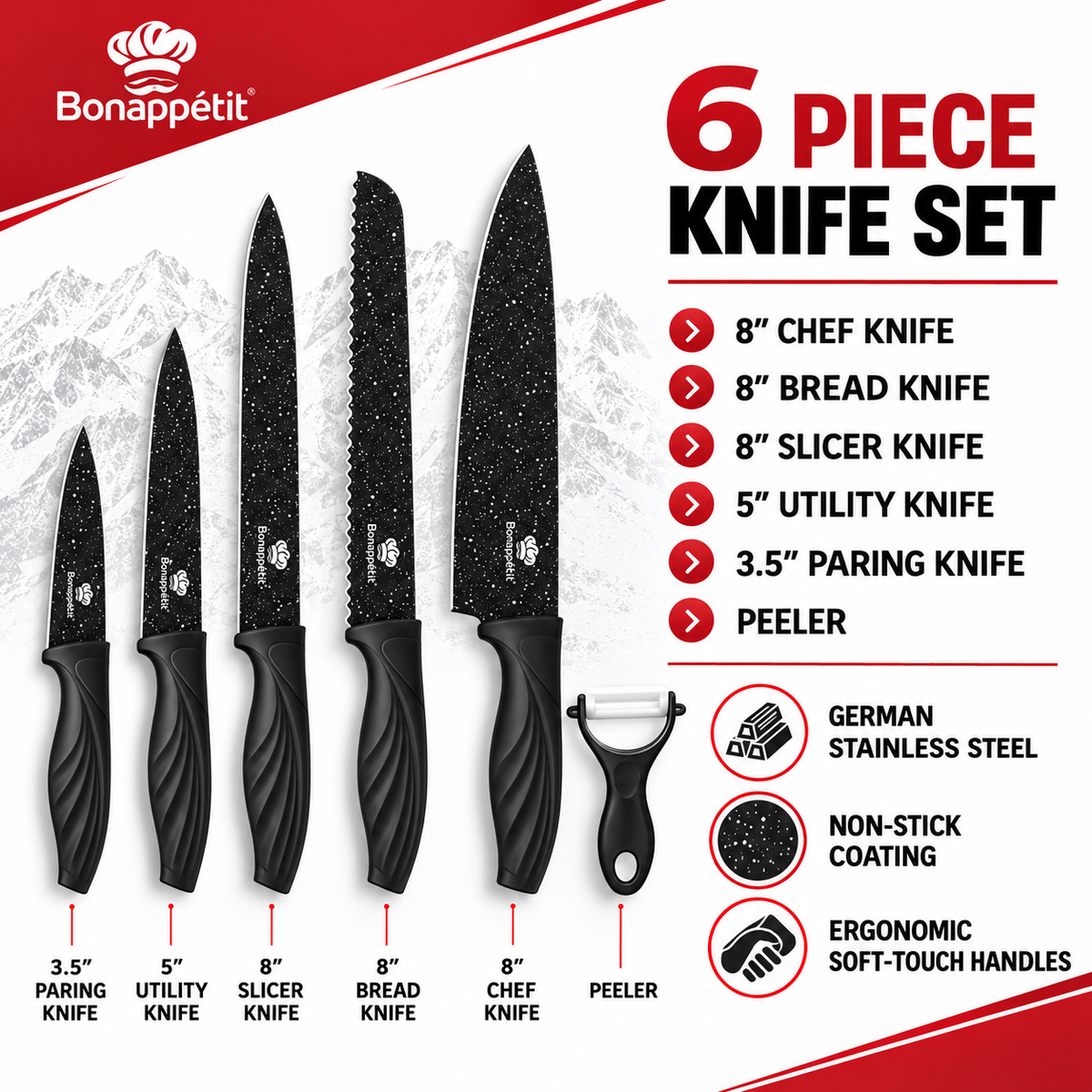 Bonappétit 6-Piece Black Non-Stick Kitchen Knife Set &amp; Peeler – 18+