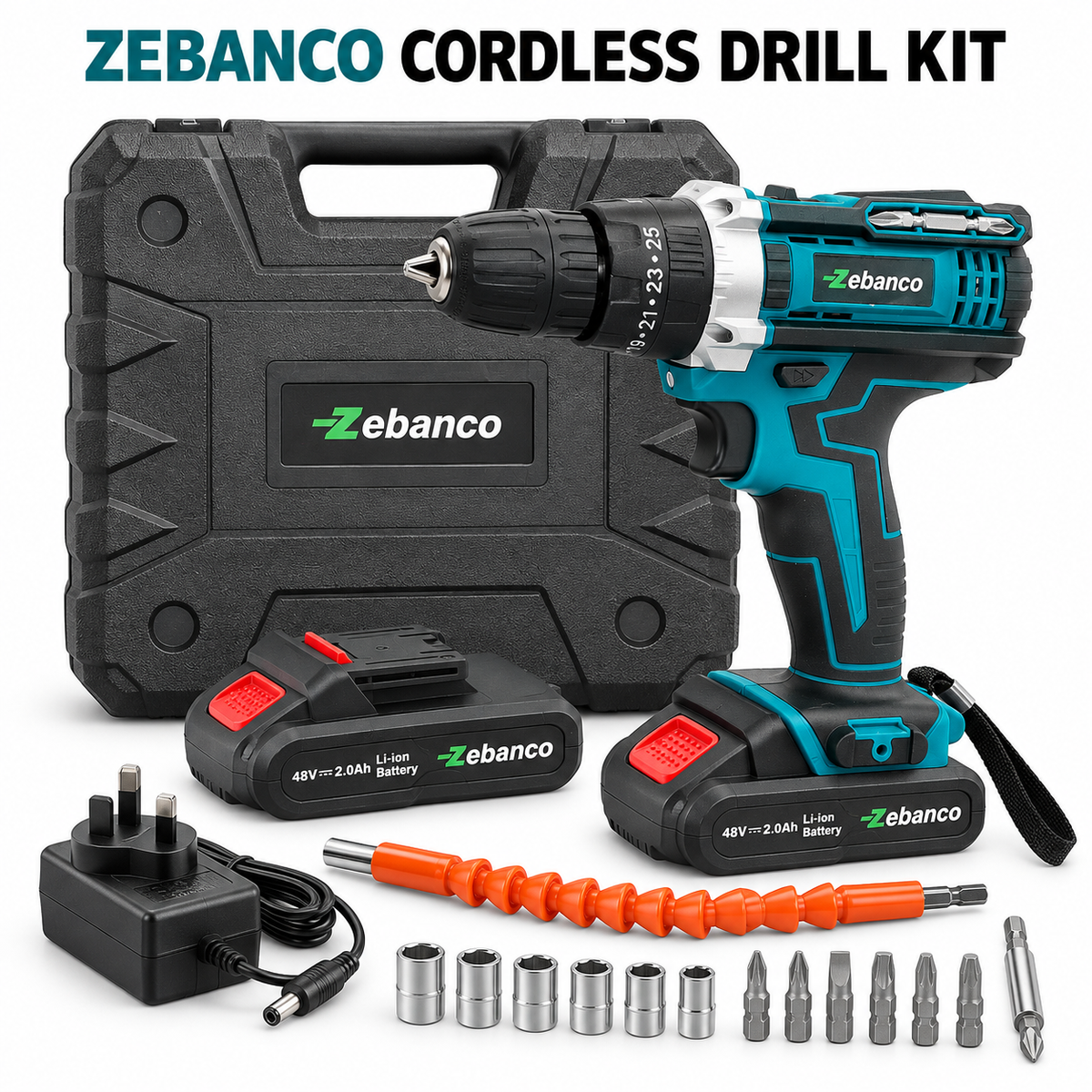 Zebanco Cordless Drill Kit – Two Batteries, Accessories & Carry Case