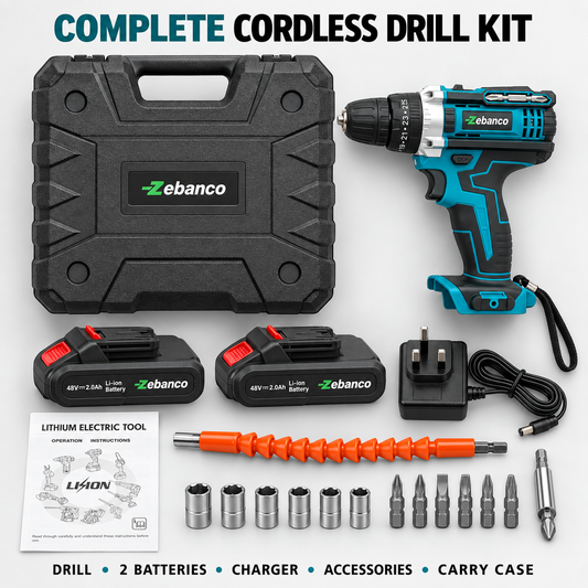Zebanco Cordless Drill Kit – Two Batteries, Accessories & Carry Case