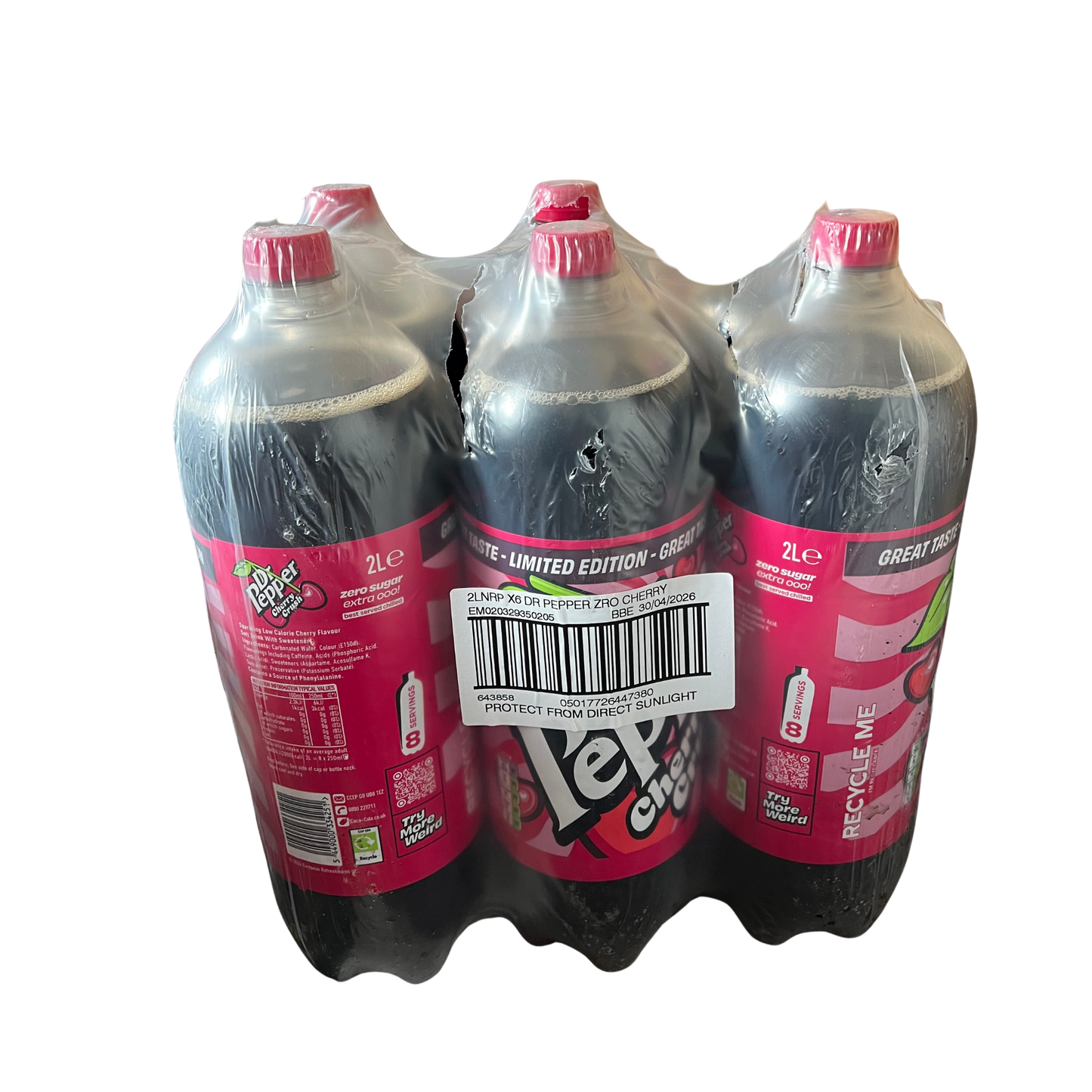 Six-pack of Le'Pop Cherry Cola bottles on a white background